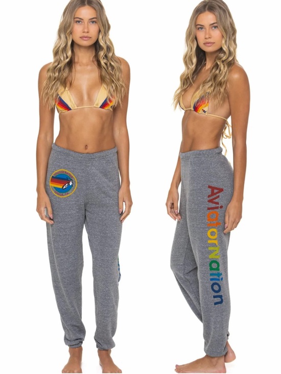 Aviator Nation Pants - Aviator Nation Sweatpants Heather Grey Rainbow Logo on Leg size small